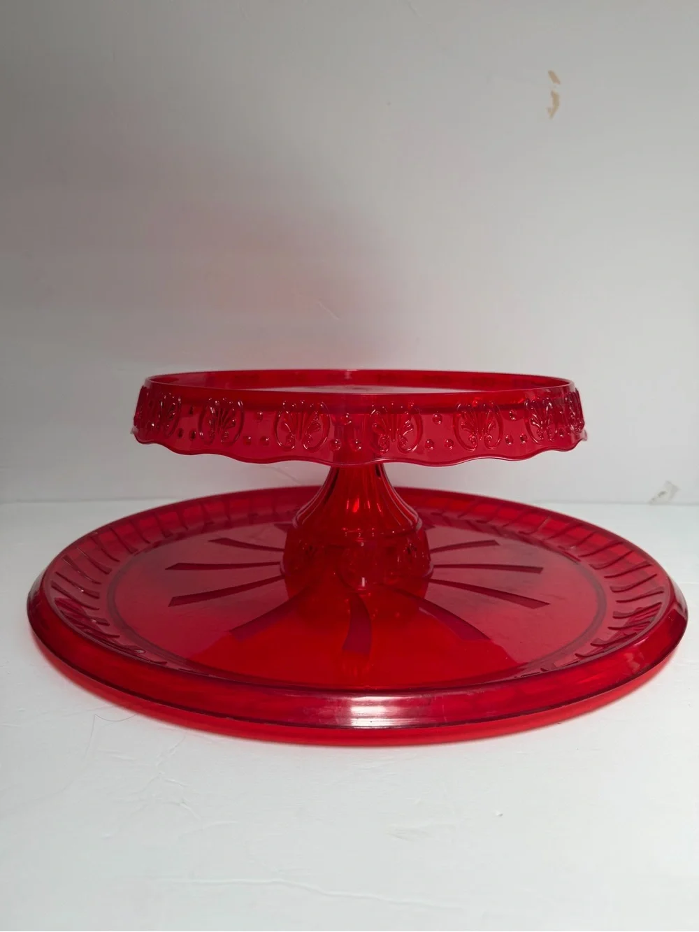 Red Plastic Pedestal Cake Stand and Large Tray